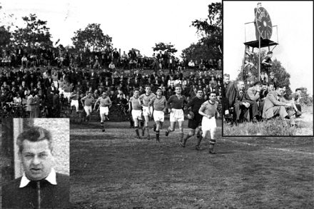 Stadion przy ul. Robotniczej pod koniec lat 40-tych  W lewym, dolnym rogu Edward Metzger. Na murawę wybiegają: Kazimierz Przybylski,  Leon Koszyk, Mieczysław Wieczorkowski, Werner Orlik, Jerzy Cich, Bernard Kiełbasa, Teodor Kowacz, Stanisław Małek. W prawym górnym rogu zegar przesuwany ręcznie.